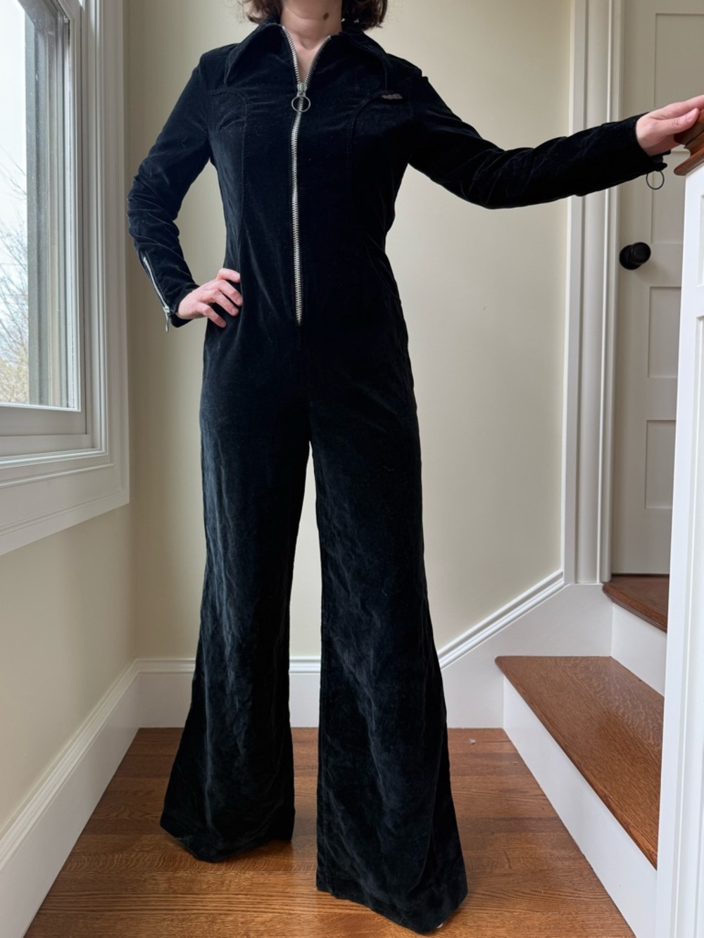 BONJOUR PARIS Vintage Velvet Black Jumpsuit 70s Disco Glam Wide Leg Edgy Indie S